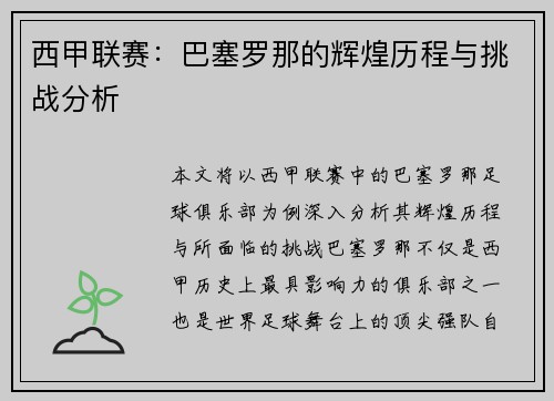 西甲联赛：巴塞罗那的辉煌历程与挑战分析