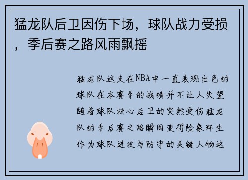 猛龙队后卫因伤下场，球队战力受损，季后赛之路风雨飘摇